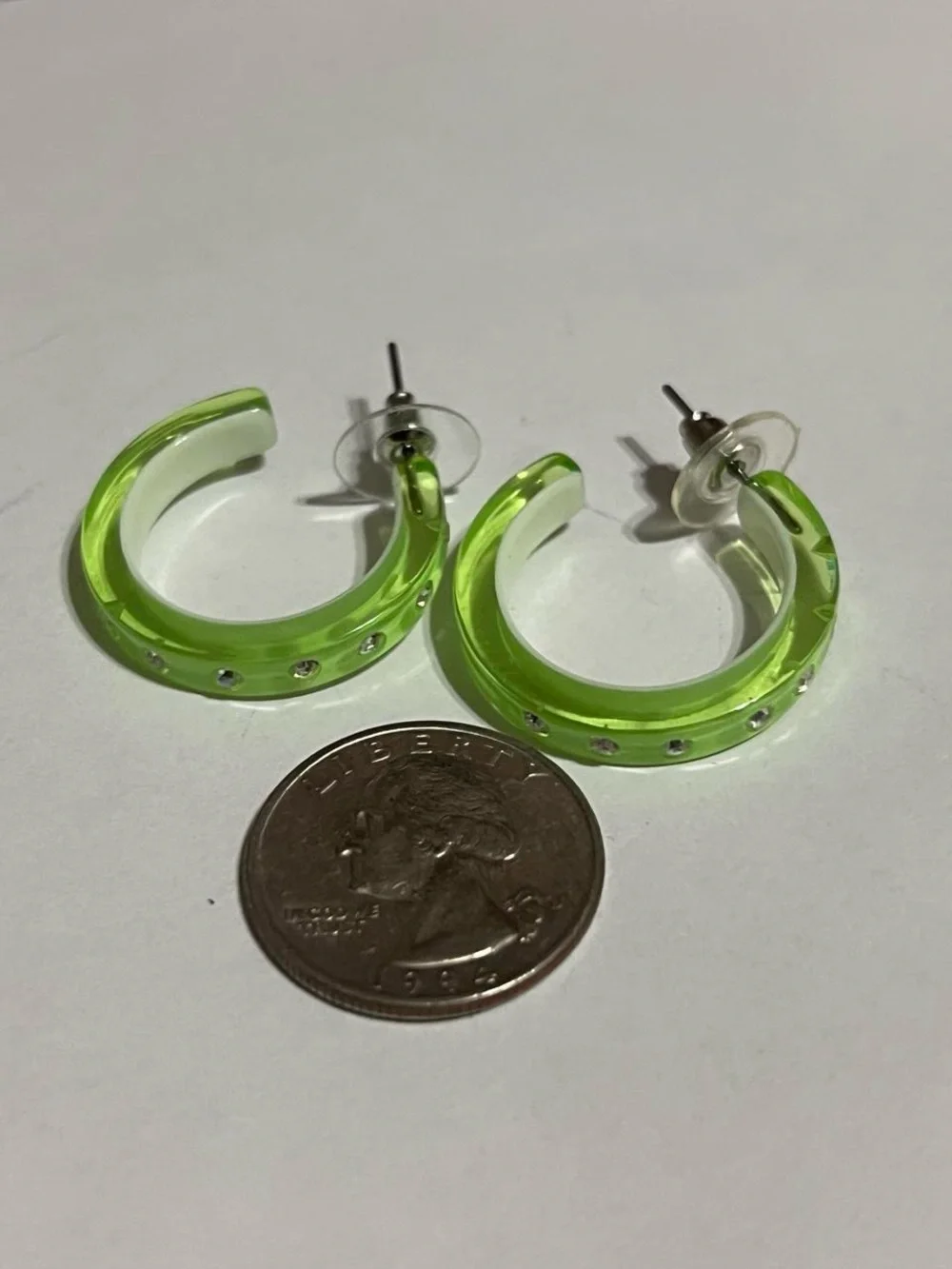 Neon Lime Hoop Earrings with Rhinestones